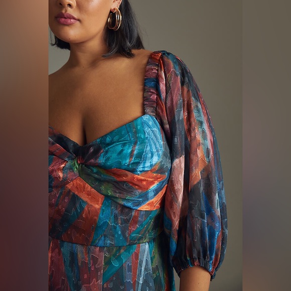 Hutch Printed Twist-Front Puff-Sleeve Ruffle-Hem Dress in Blue Motif - Picture 8 of 9